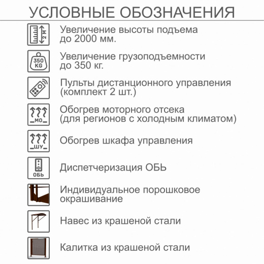 Вертикальный подъемник для инвалидов по ГОСТ ВПМ-01, с увеличением до 2000 мм, с калиткой из каршенной стали, с увеличеной грузоподъемностью до 350кг, с индивидуальным порошковым окрашиванием, с пультом дистанционного управления , с обогревом моторного от